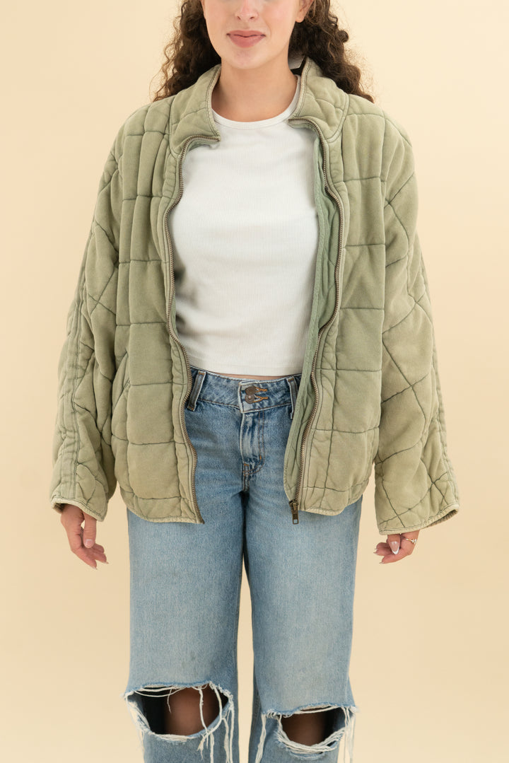 free people green quilted coat (m; retail $298)