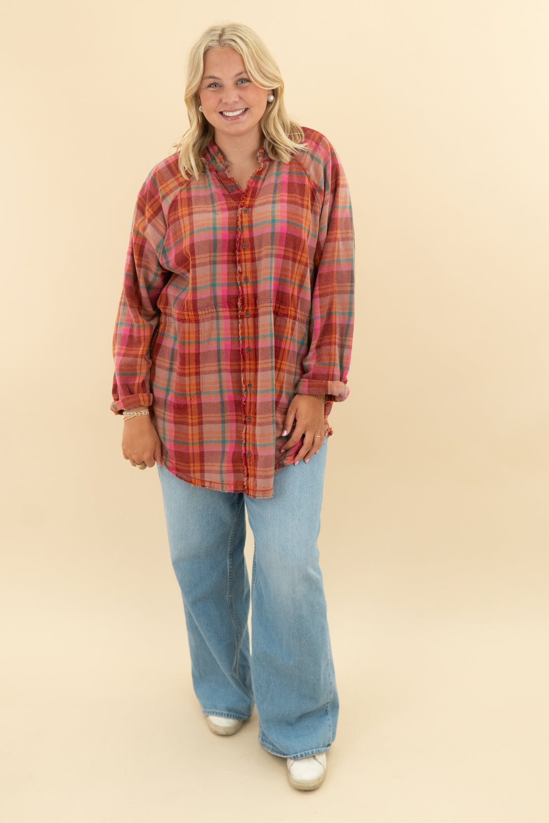 we the free pink plaid tunic (m)