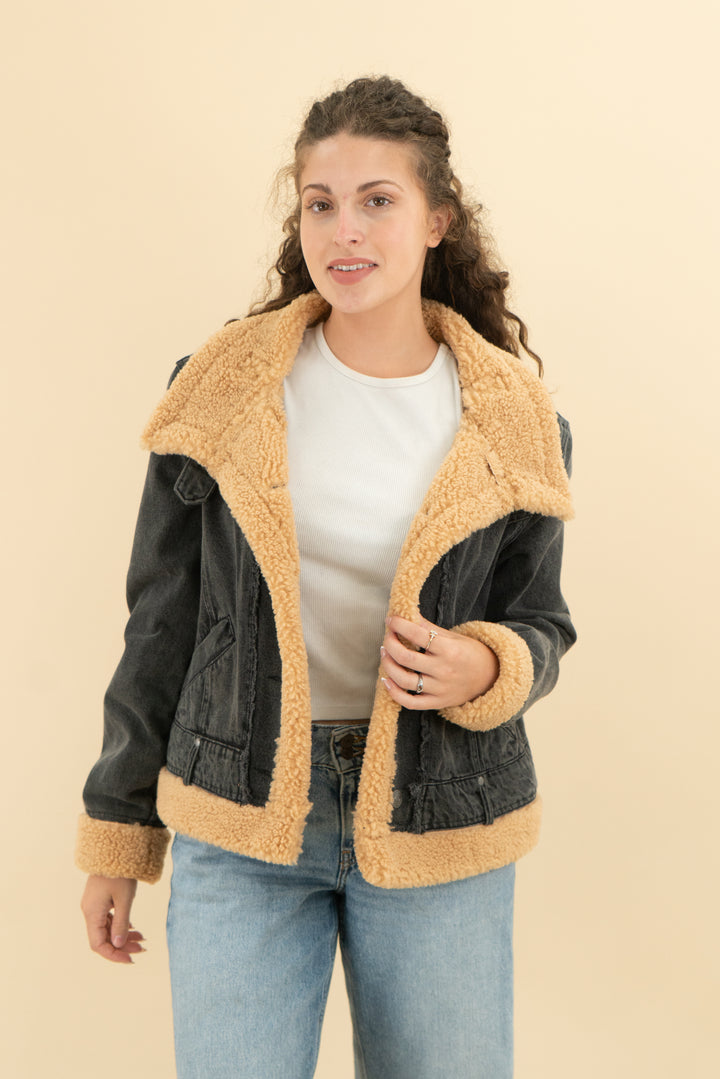 we the free black denim jacket with sherpa trim (s; retail $198)