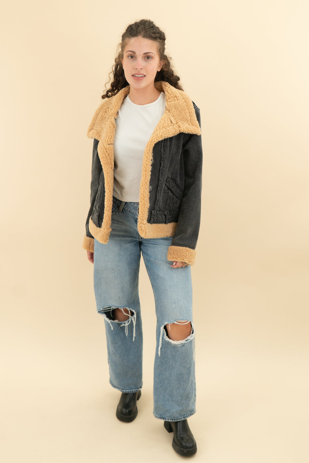 we the free black denim jacket with sherpa trim (s; retail $198)