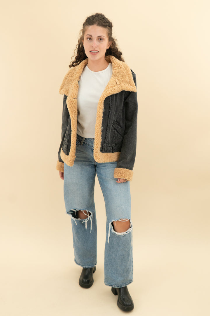 we the free black denim jacket with sherpa trim (s; retail $198)