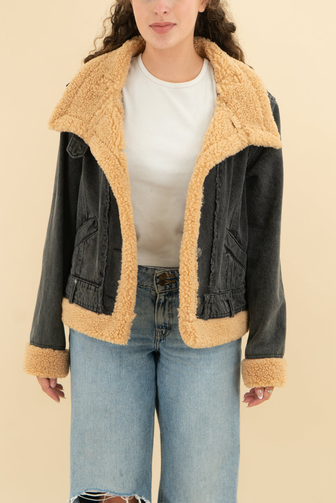 we the free black denim jacket with sherpa trim (s; retail $198)