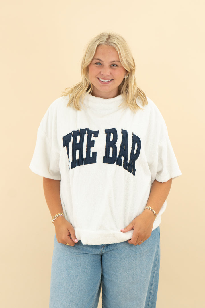 the bar white terry cloth navy crop sleeve (xl; retail $108)