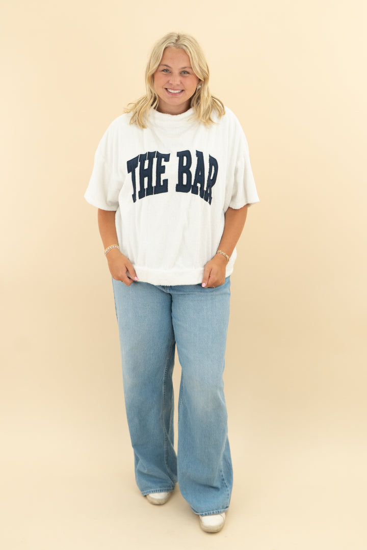 the bar white terry cloth navy crop sleeve (xl; retail $108)