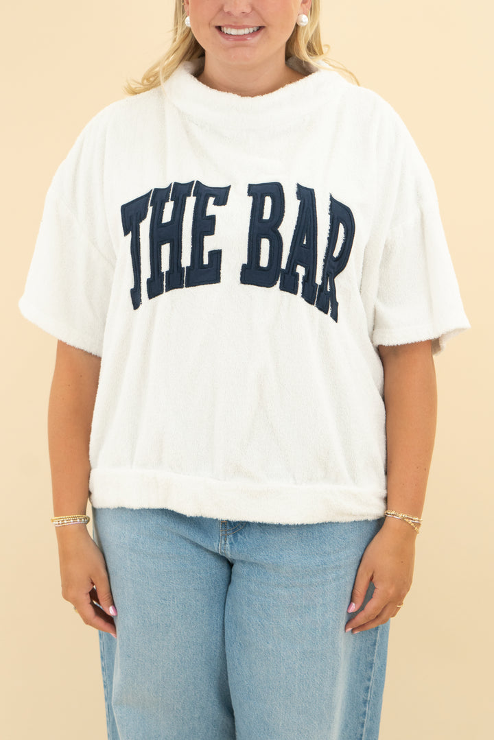 the bar white terry cloth navy crop sleeve (xl; retail $108)