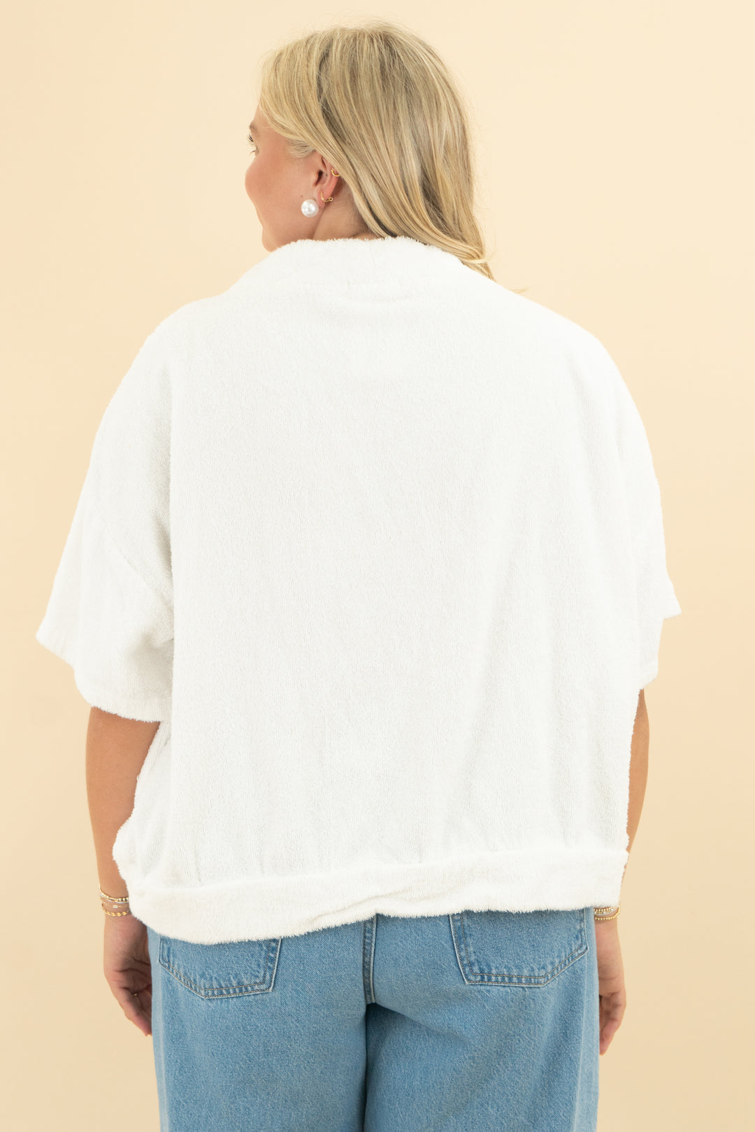 the bar white terry cloth navy crop sleeve (xl; retail $108)
