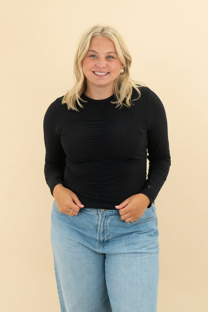 ypb black ruched long sleeve top (l)