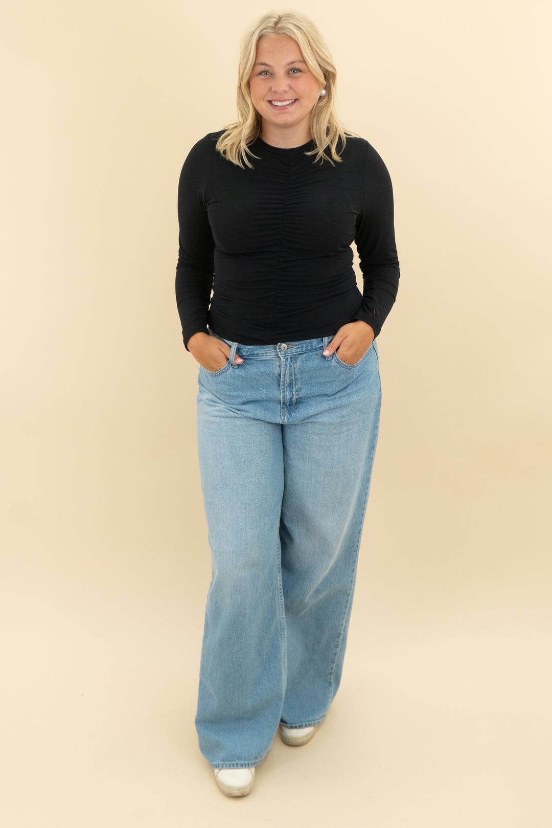 ypb black ruched long sleeve top (l)