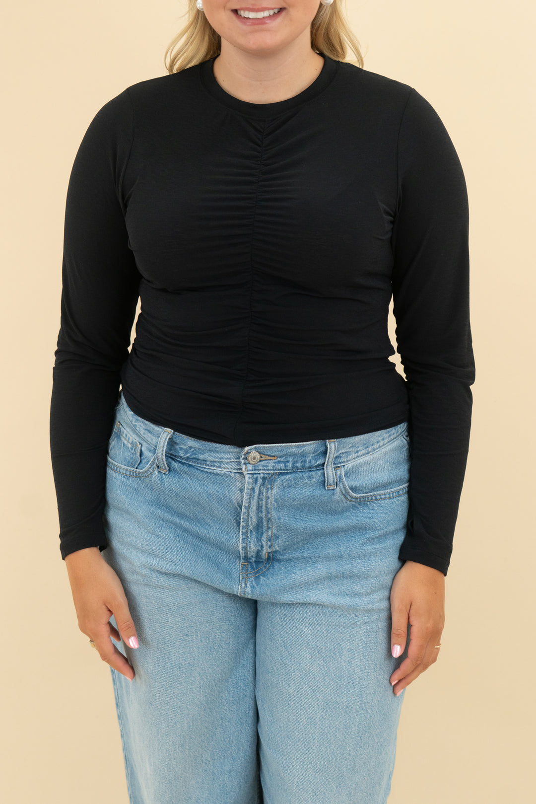 ypb black ruched long sleeve top (l)