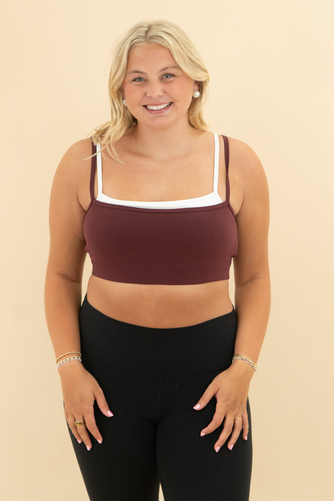 ypb maroon and white layered sports bra nwt (l; retail $35)