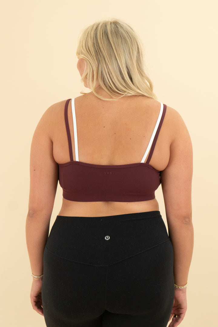 ypb maroon and white layered sports bra nwt (l; retail $35)