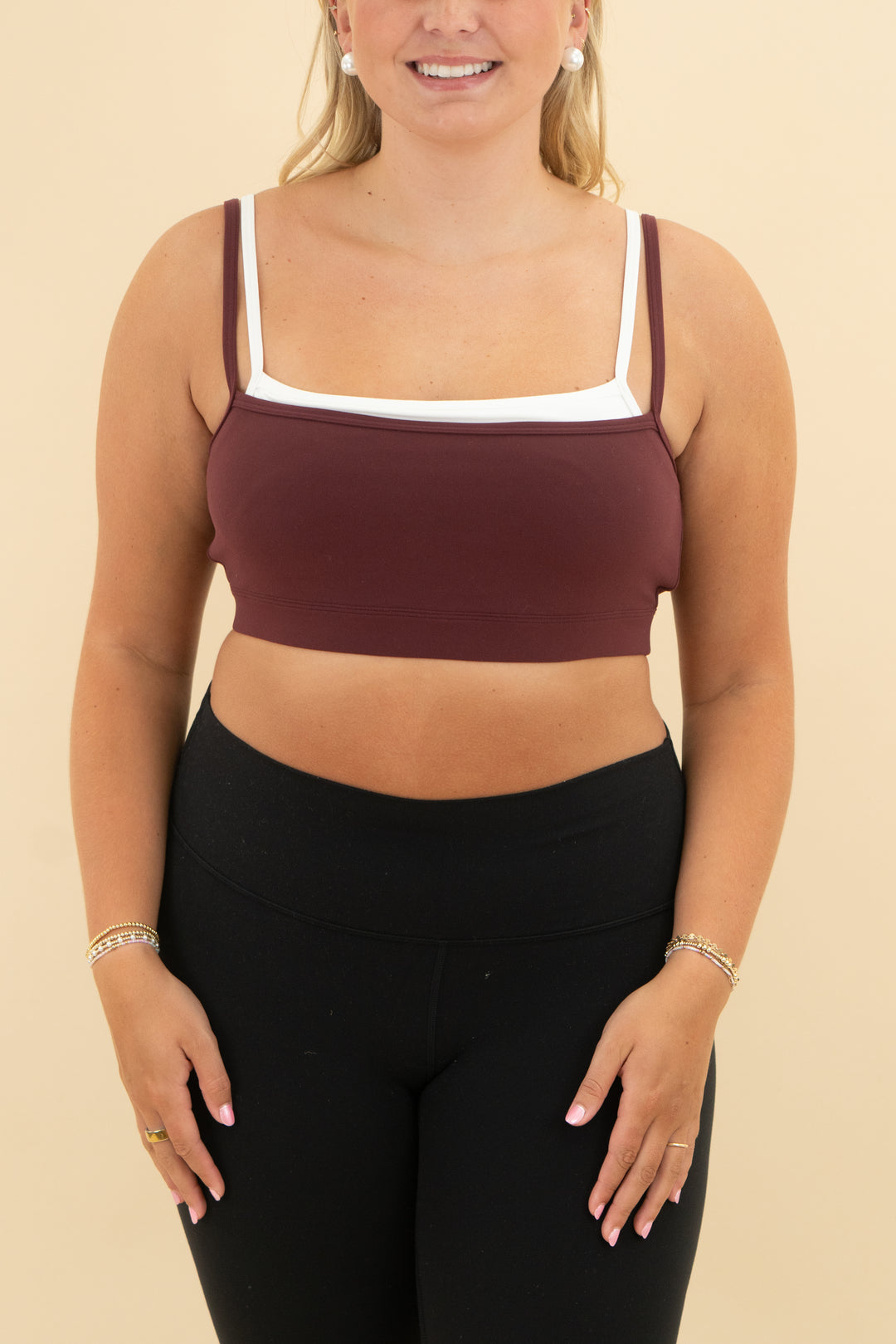 ypb maroon and white layered sports bra nwt (l; retail $35)