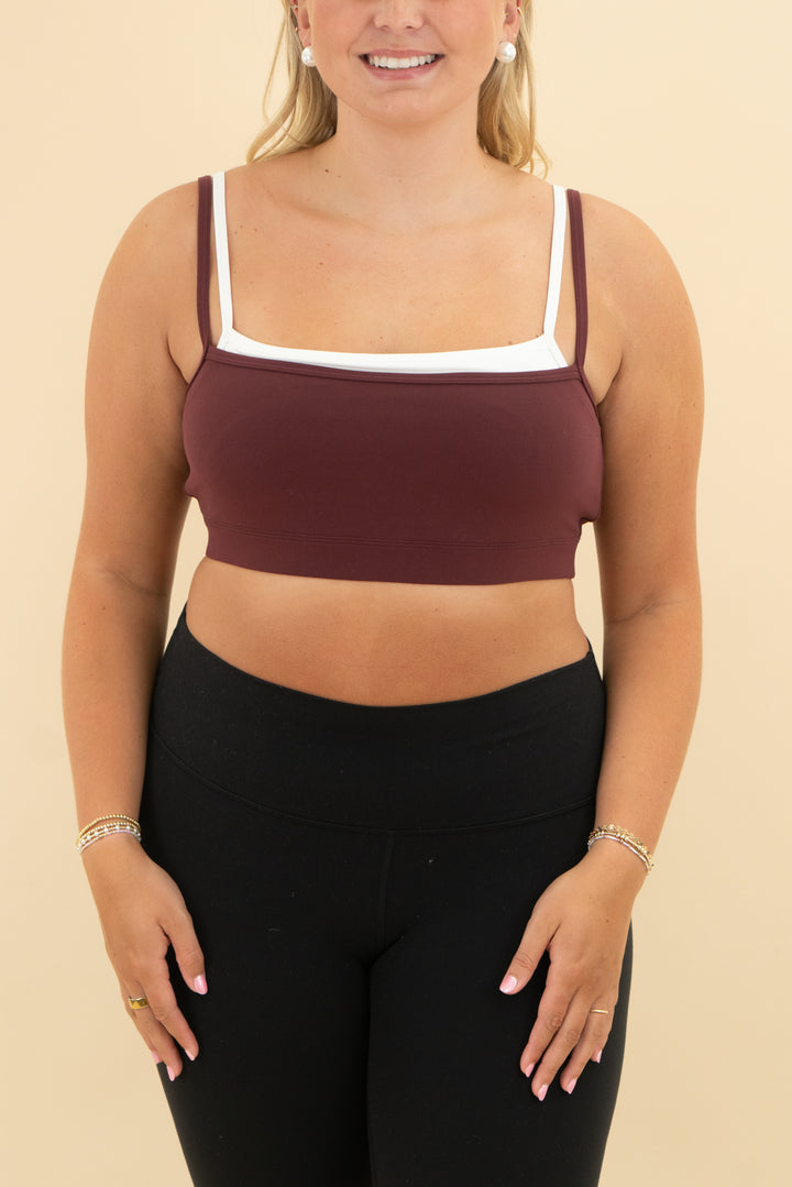 ypb maroon and white layered sports bra nwt (l; retail $35)
