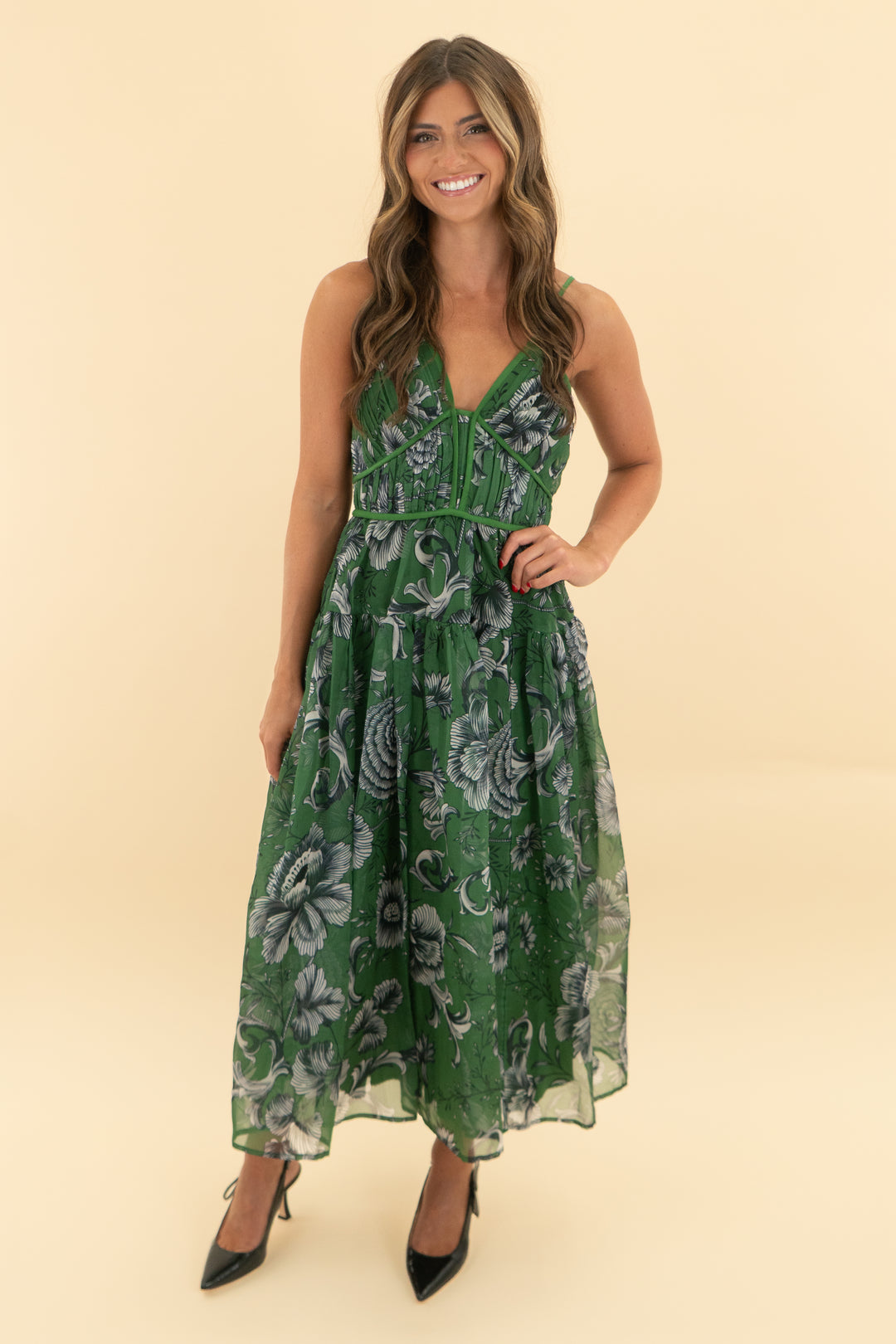 anthropologie green floral midi dress (xs)