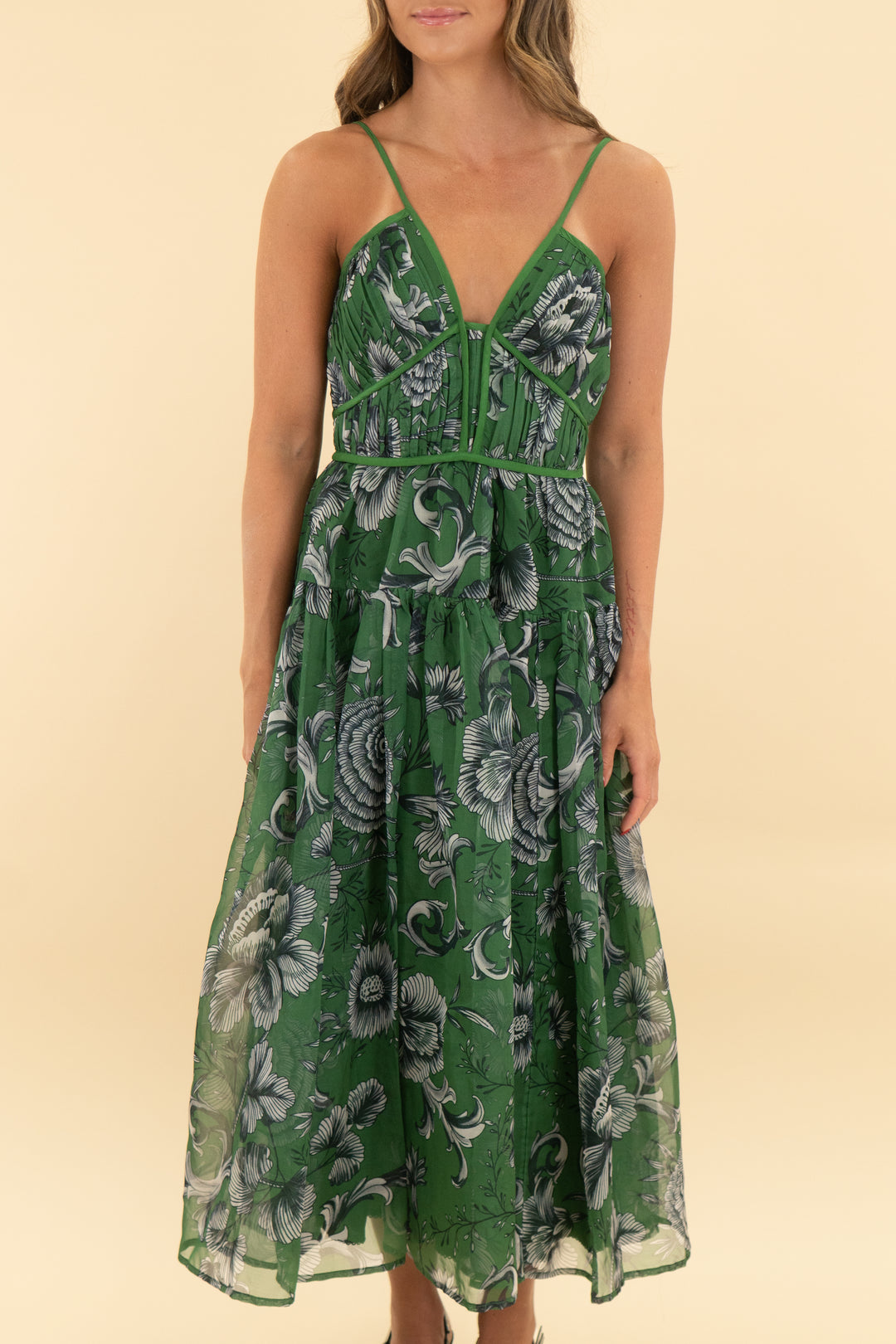 anthropologie green floral midi dress (xs)