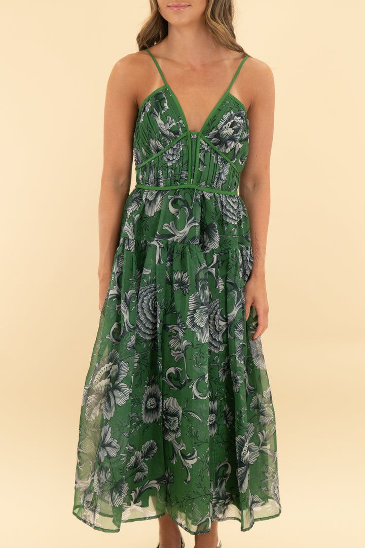 anthropologie green floral midi dress (xs)