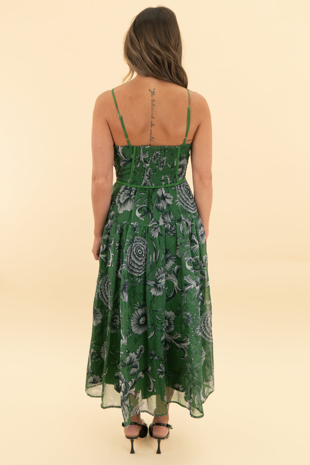 anthropologie green floral midi dress (xs)