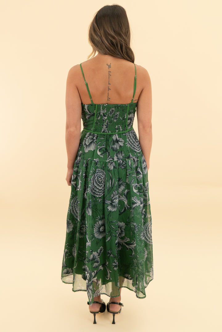 anthropologie green floral midi dress (xs)
