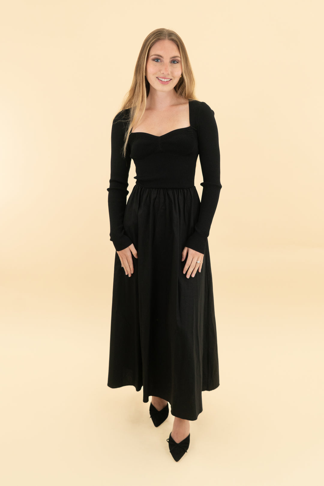 moon river black long sleeve midi dress nwt (xs)