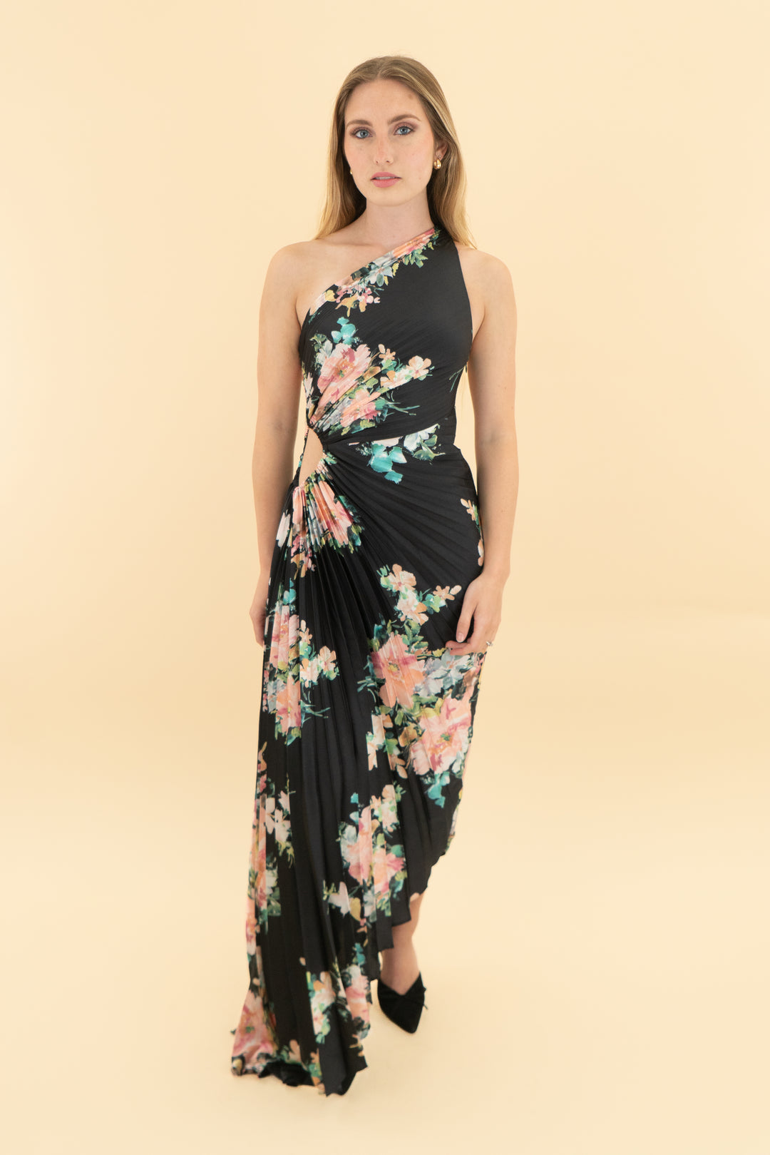 petal & pup black floral kleo one shoulder maxi dress nwt (xs)