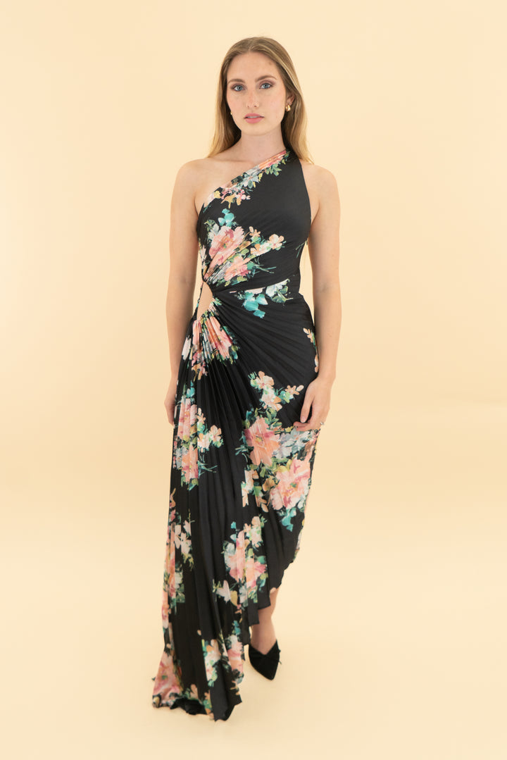 petal & pup black floral kleo one shoulder maxi dress nwt (xs)