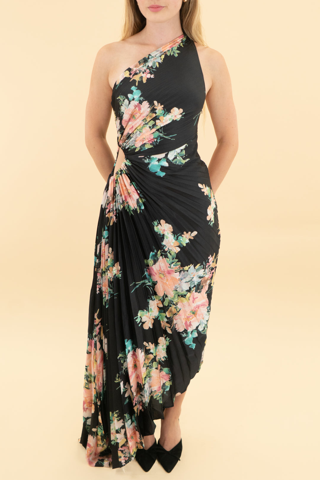 petal & pup black floral kleo one shoulder maxi dress nwt (xs)