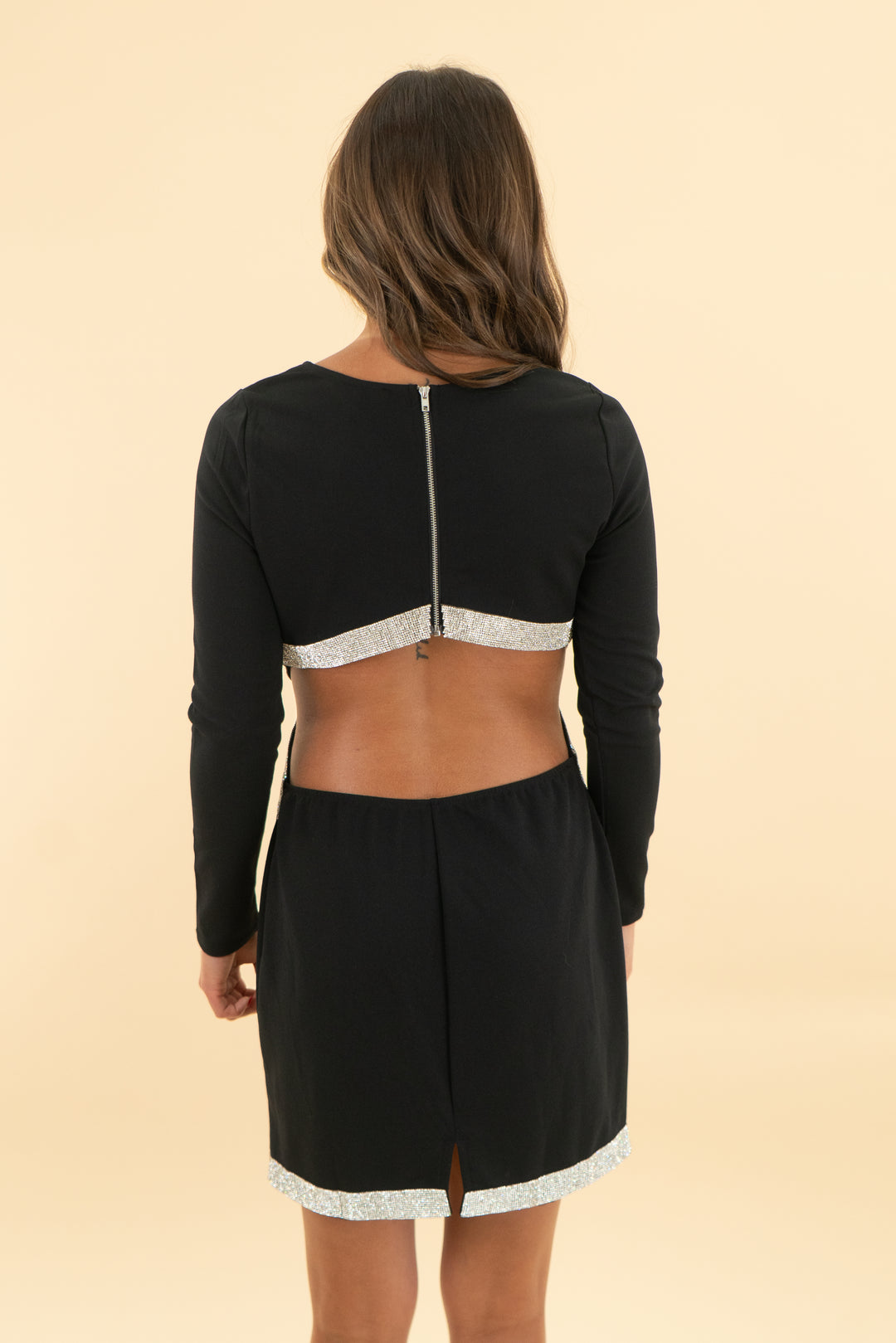 trixxi clothing company black long sleeve rhinestone cut out dress (s; retail $90)
