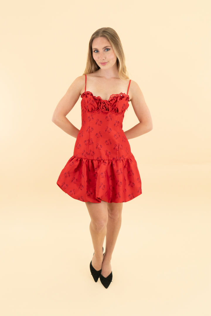 for love & lemons red rose print bubble hem mini dress nwt (s; retail $239)