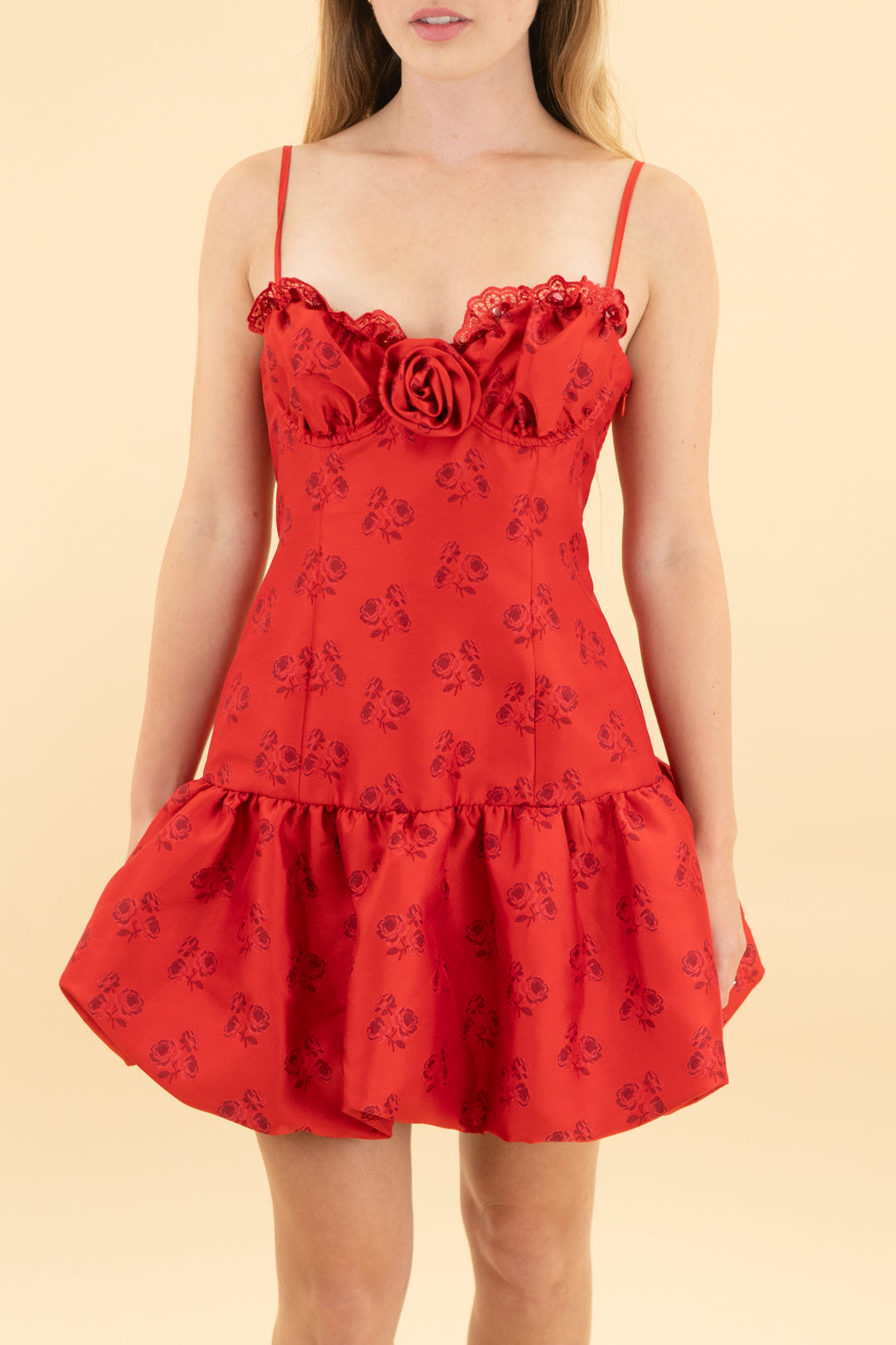 for love & lemons red rose print bubble hem mini dress nwt (s; retail $239)
