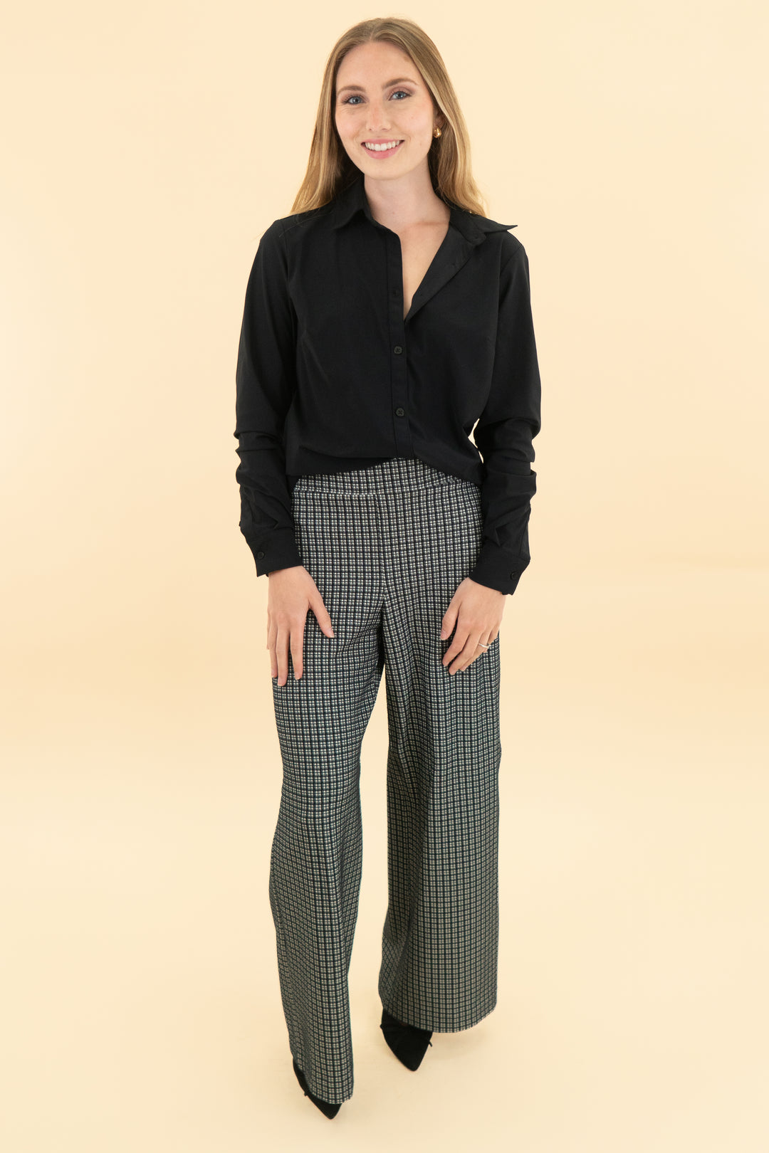 spanx navy checkered knit wide leg pants (xs)