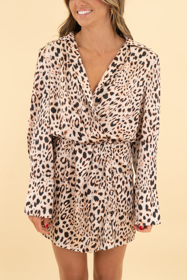 en creme cheetah long sleeve dress nwt (s)