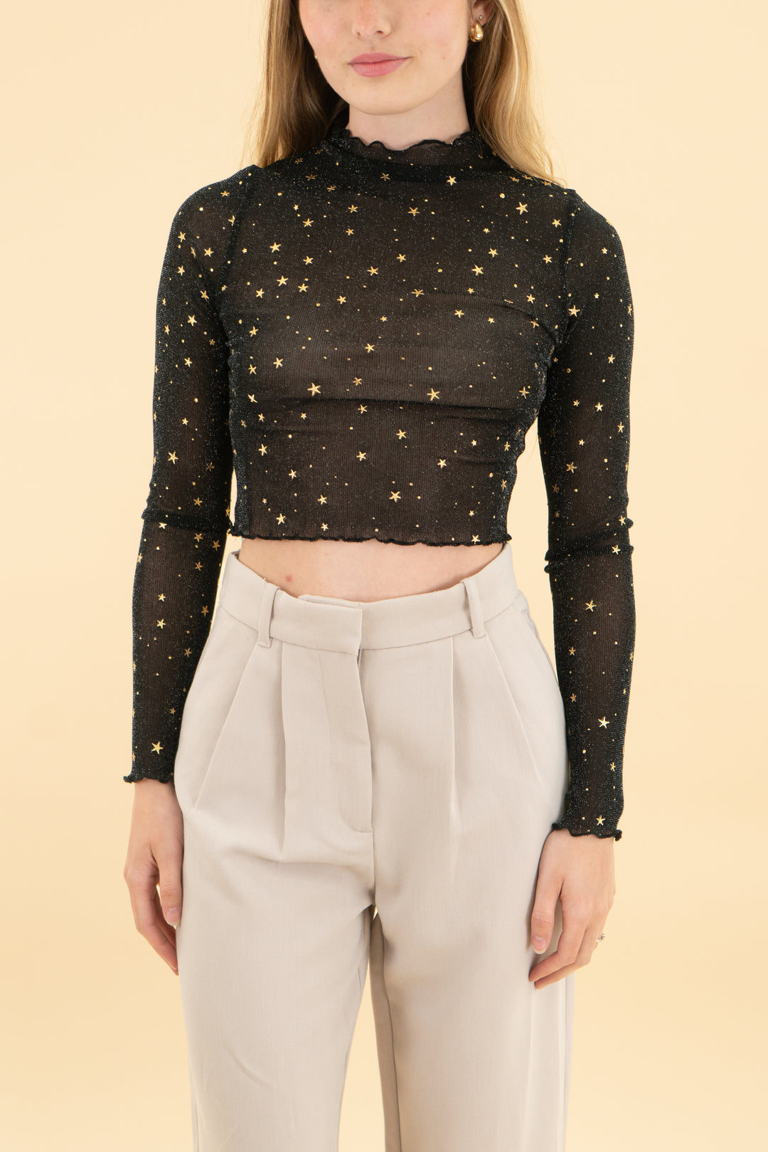 black mesh gold star cropped ruffle long sleeve (s)