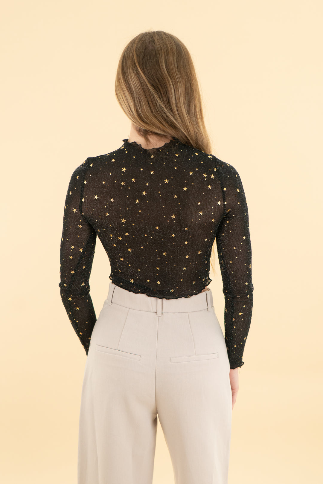 black mesh gold star cropped ruffle long sleeve (s)