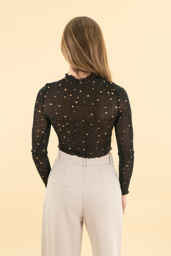 black mesh gold star cropped ruffle long sleeve (s)