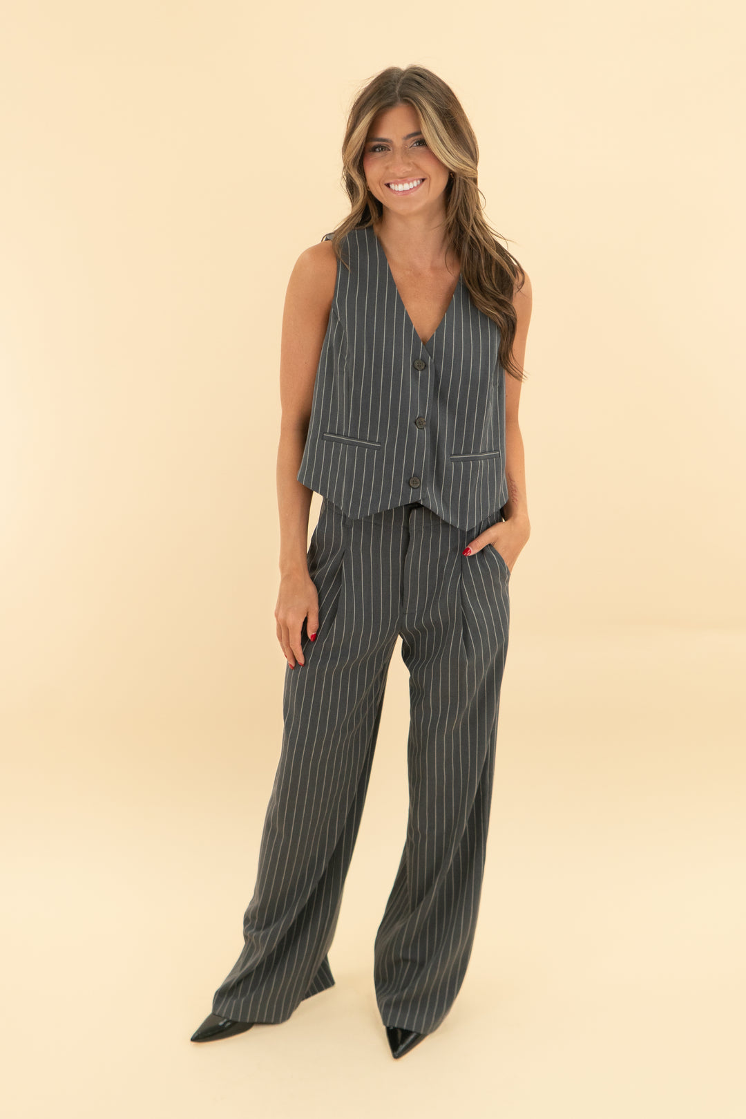 gap grey white stripe vest and pant set nwt (s; retail $159)