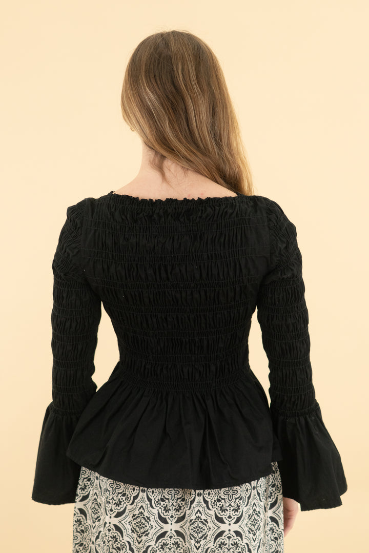 who what wear black ruched bell sleeve top (xs)