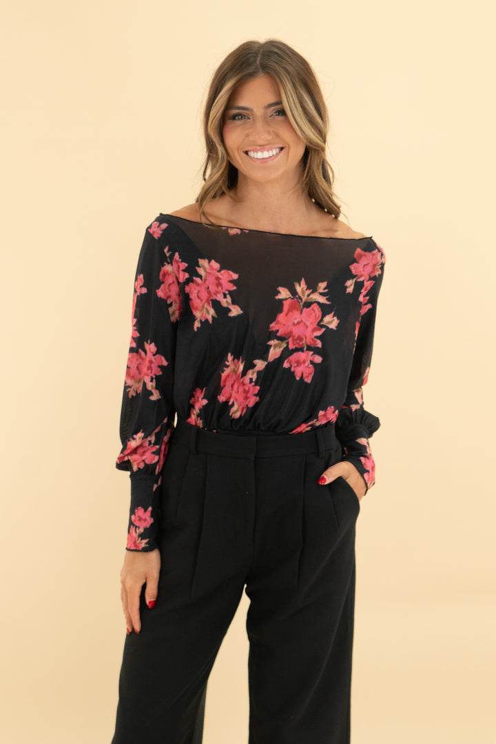 fp people floral mesh black bodysuit nwot (xs; retail $78)