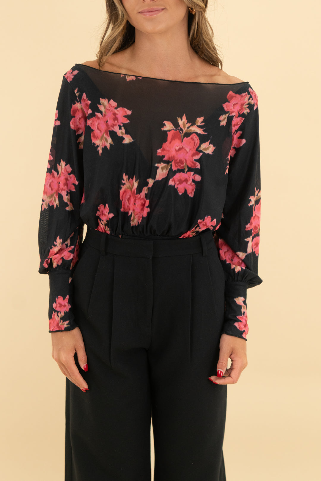fp people floral mesh black bodysuit nwot (xs; retail $78)