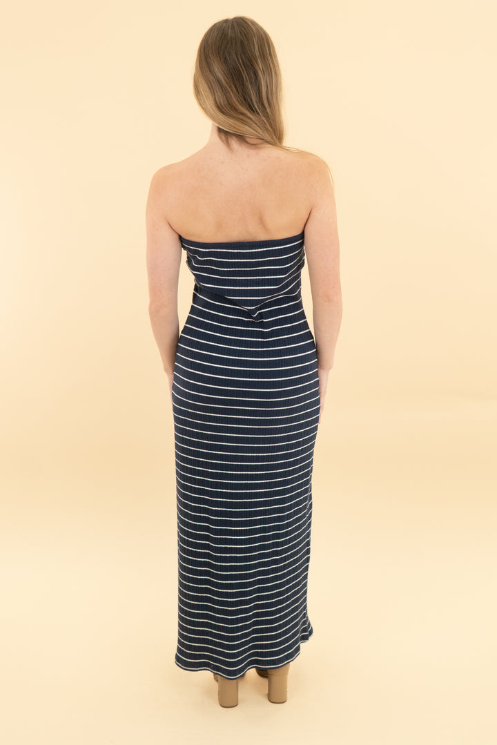 anthropologie navy stripe ribbed strapless dress (xs)
