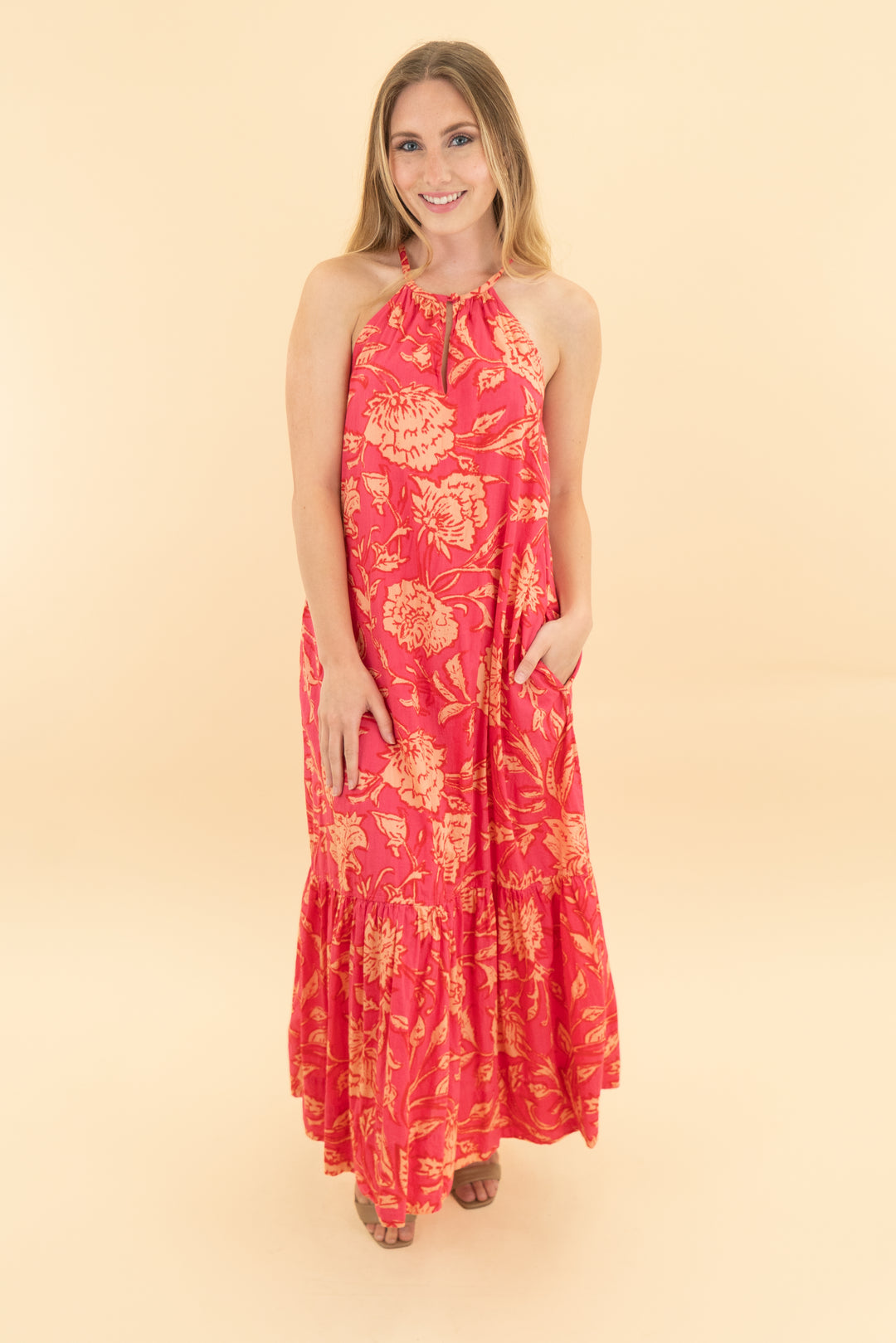 evereve pink floral midi dress (xs)