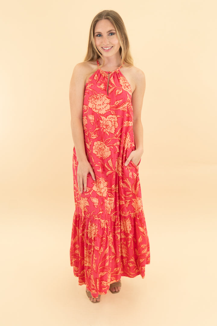 evereve pink floral midi dress (xs)
