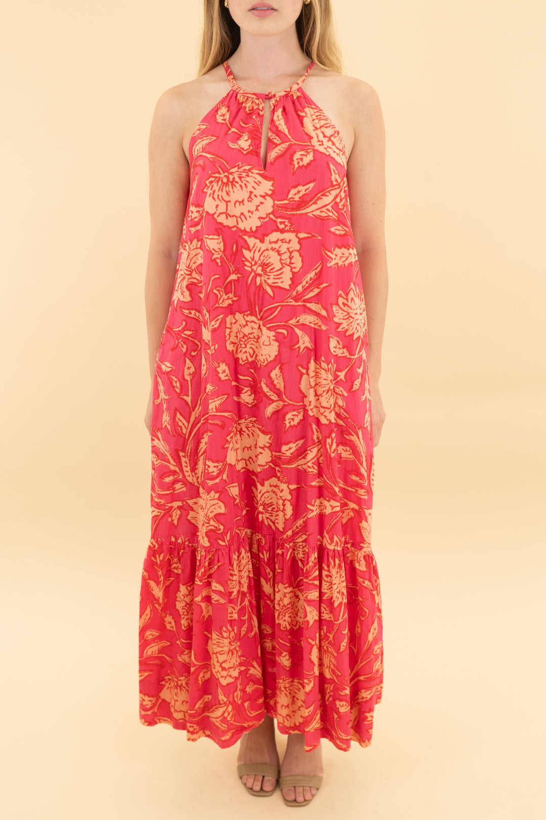 evereve pink floral midi dress (xs)