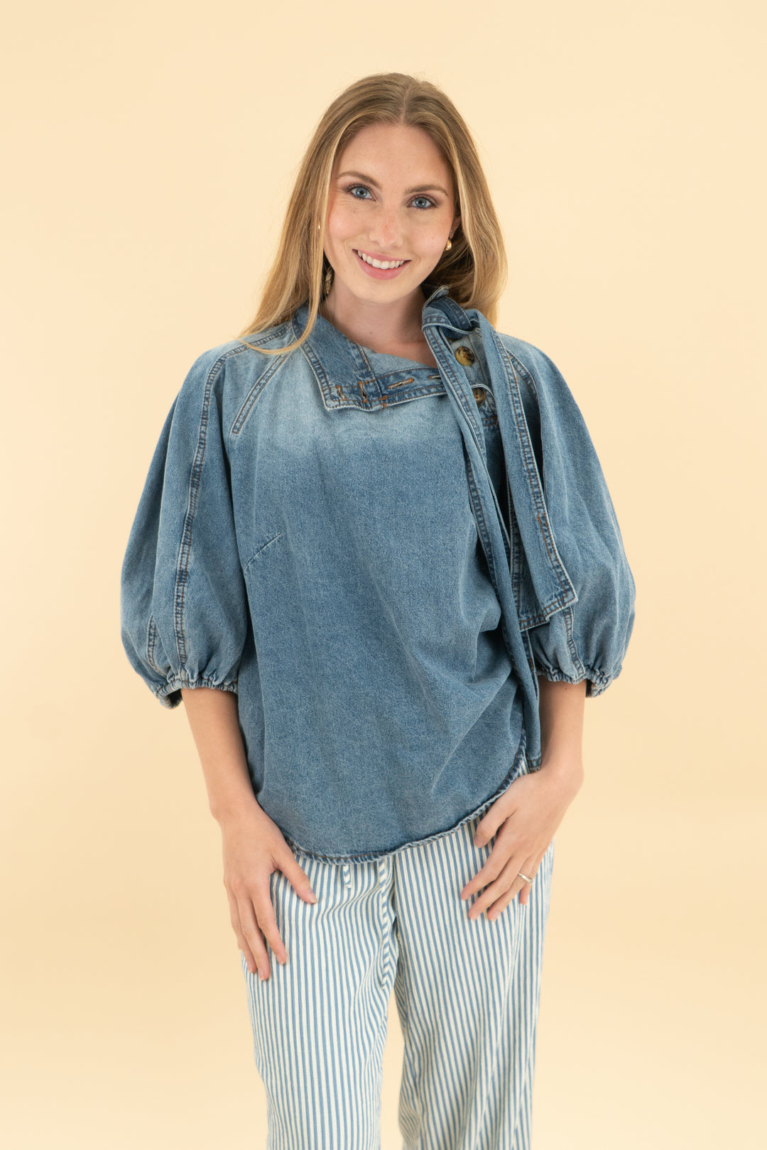 a loves a vintage blue puff sleeve denim top nwt (xs; retail $129)