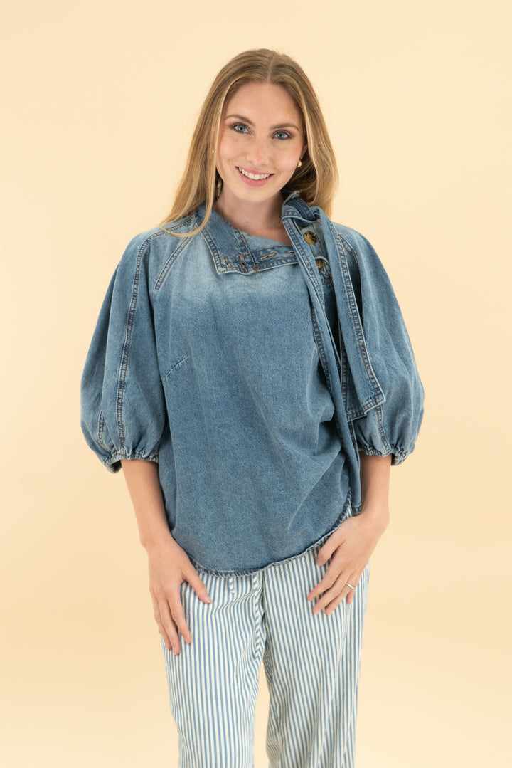 a loves a vintage blue puff sleeve denim top nwt (xs; retail $129)