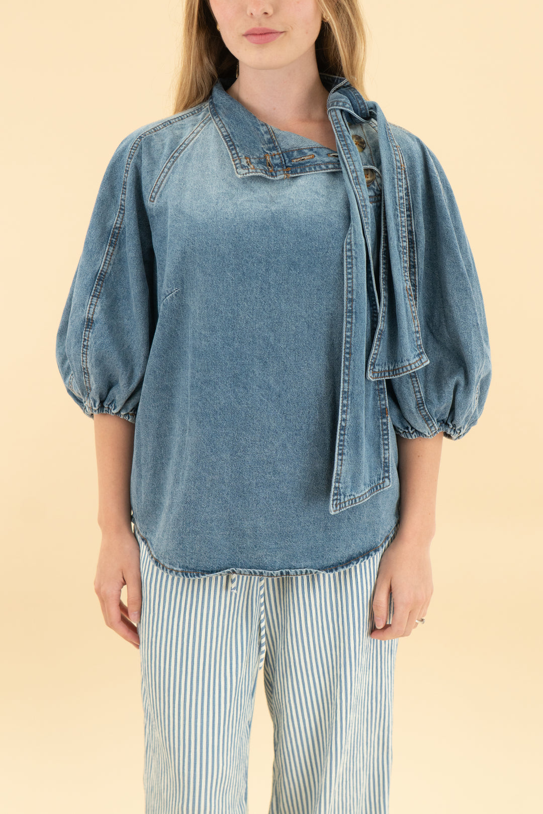 a loves a vintage blue puff sleeve denim top nwt (xs; retail $129)