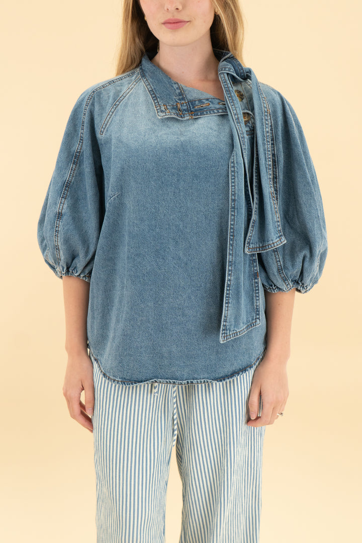 a loves a vintage blue puff sleeve denim top nwt (xs; retail $129)