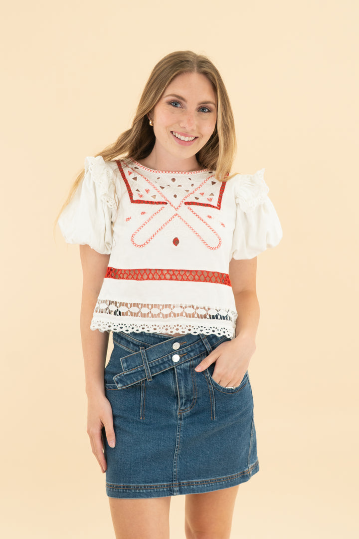 by anthropologie white/red eyelet ruffle sleeves top (xs)