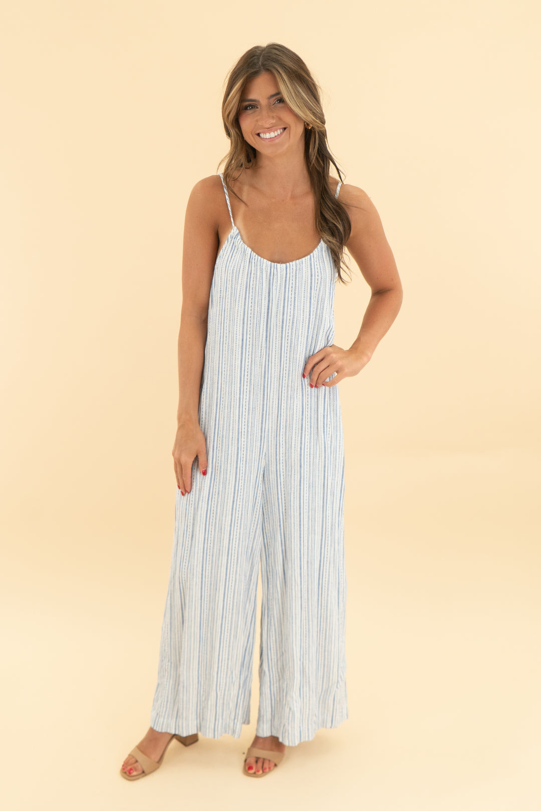 splendid blue stripe linen blend jumpsuit (xs)