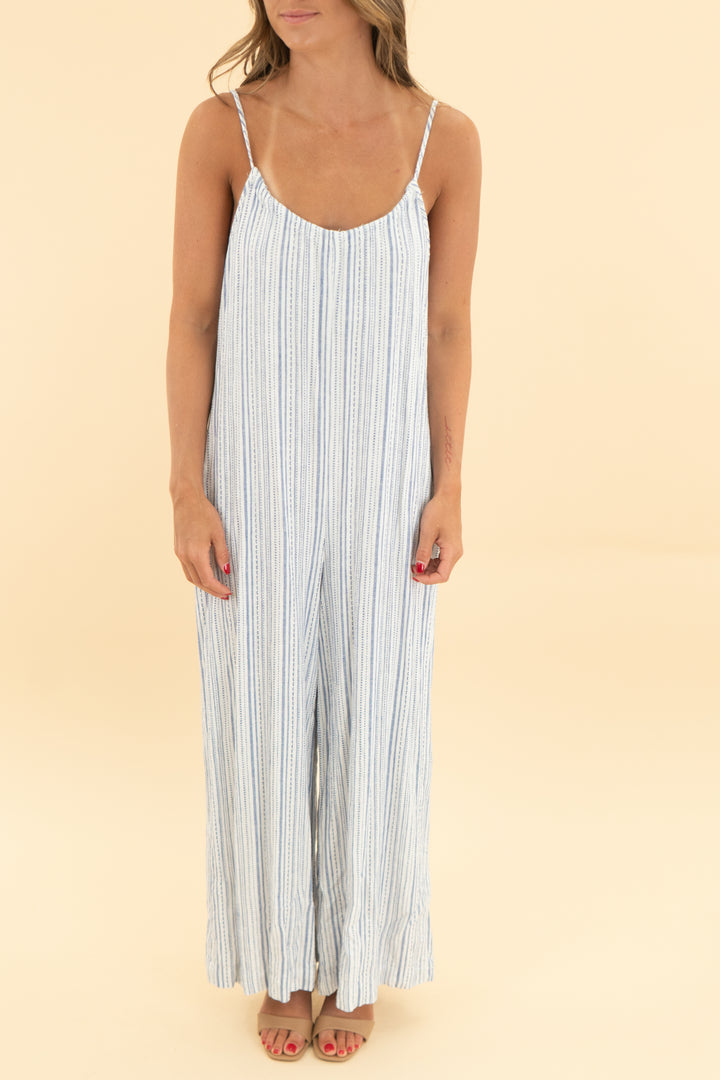 splendid blue stripe linen blend jumpsuit (xs)