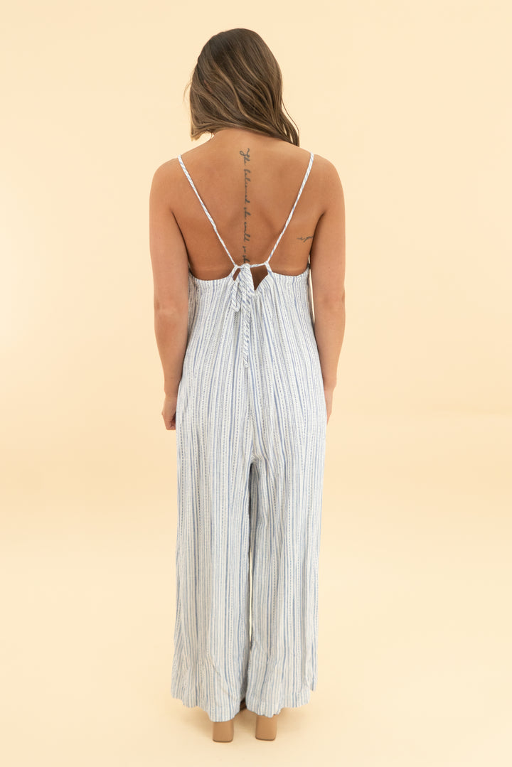 splendid blue stripe linen blend jumpsuit (xs)